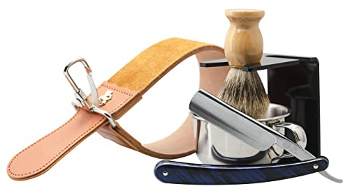 Grandslam Shaving Straight Razor Kit, Steel Cutthroat Straight Razor With Leather Strop, Sharp, Pure Badger Hair Shaving Brush with Wooden Handle,Shaving Bowl,Soap and Stand, Gift for Men