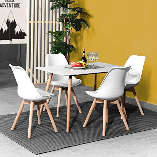 DORAFAIR Set aus Esstisch Rechteckig und 4 Skandinavischen Weißer Stühlen, für Küche Esszimmer Wohnzimmer, Weißer Tisch