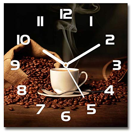 Tulup Horloge en Verre 30x30cm Silencieuse sur Pied Salon Design La Mur Impression Verre Sécurité - Aiguilles d'horloge Blanches - Café dans Une Tasse