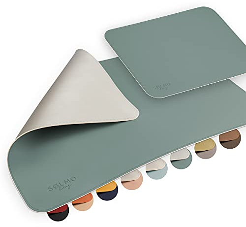 sølmo I Schreibtischunterlage Petrol, Tischunterlage I 60x35cm aus PU-Leder I Schreibunterlage Kinder Büro abwischbar I mit Extra Mauspad XXL, doppelseitig (Petrol/Grau)