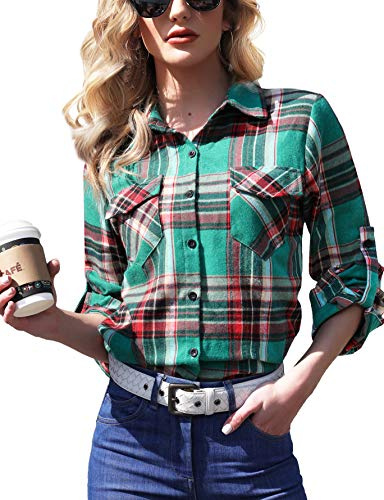 Enjoyoself Chemisier Carreaux Femme 100% Coton Chemise Bucheron Western Décontractée Classique Retro Ecossaise Coton Flanelle Blouse Gilet T Shirt Casual Vintage,Vert 3,M