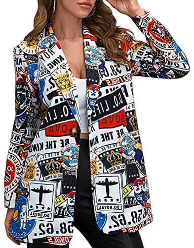 ORANDESIGNE Blazer Mangas Largas para Mujer Estampado Floral Traje de Chaqueta Negocio Solapa Abrigo de Oficina Delgado Tallas Grandes Cardigan Retro Informal Tops Blusa Otoño Invierno I Blanco M
