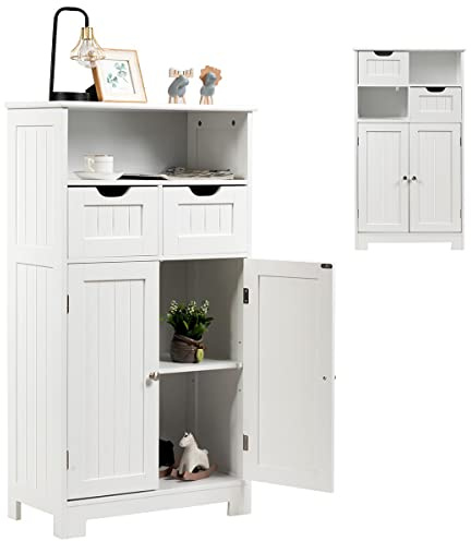 RELAX4LIFE Badezimmerschrank mit höhenverstellbarem Ablage, freistehender Badschrank, Badkommode mit 2 Schubladen & offenem Regalfach & Doppeltür, für Badezimmer & Wohnzimmer & Küche & Flur (Weiß)