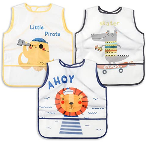 YINGJEE Baberos del Bebé Impermeable, 3 Piezas Babero con Mangas EVA Impermeable Babero de Manga larga Niños Niñas 6-36 Meses, Baberos Bebe Impermeables para comer, beber y jugar (color 12)