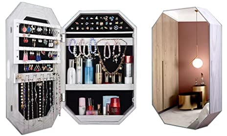 Wandmontierten Schmuck Armoire mit Spiegel, abschließbarer Schmuckschrank Organizer, Spiegel mit hinterer Aufbewahrungsbox, for Frauen Mädchen, Spiegelschrank (Color : Blue, Size : 60 * 65cm)