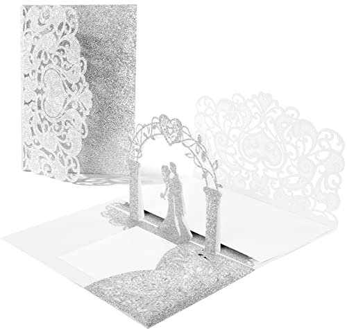 Vicloon Tarjeta de Felicitación Boda,Tarjeta de San Valentín con Sobre, Tarjeta Pop Up Boda, Felicitación de Boda Invitación, para Aniversario, Día de San Valentín, Cumpleaños(Plata)