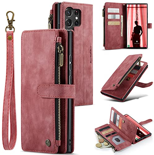 UEEBAI Hülle für Samsung Galaxy S23 Ultra 5G,Premium PU Lederhülle,Wein Rot