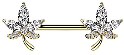 beyoutifulthings Brustwarzen-piercing Gold Silber Ahorn-Blatt Zirkonia Clear Brust-piercing Nippel-piercing Chirurgenstahl Stab 12-mm