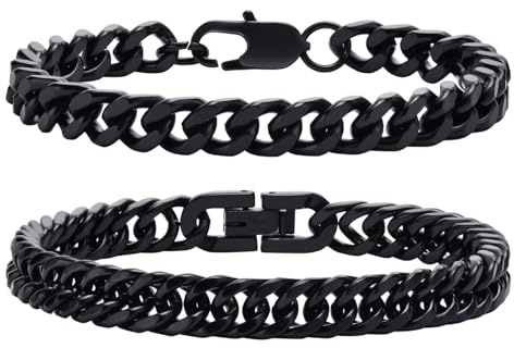 Gamtic Herren Armband Edelstahl Panzerkette Armbänder | 2 Stücke Kubanische Armband für Männer, 8mm Breite, 19/21/23cm Länge, Geschenke für Mann Papa Sohn Freund Ehemann