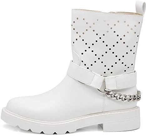 IF Fashion Scarpe da Donna Stivali Primaverili Estivi Traforati Alla Caviglia Biker Motociclista Con Catena Cinghia D7910 bianco N.37