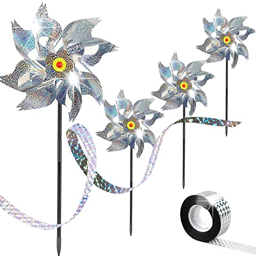 Molinete Reflectante, 4 Piezas Molino de Viento Reflectante, Molinillo de Viento Jardin conViento 50m Cinta Repelente, Repelentes de Pájaros, Repelentes de Molino de Viento