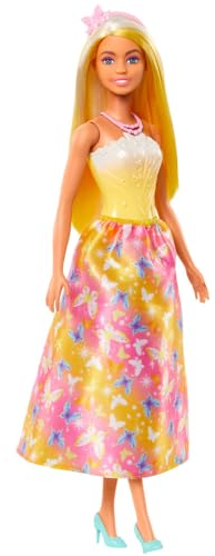 Barbie Royal-Puppe mit fantasievollem Haar mit farbenfrohen Strähnchen, bunten Accessoires, Oberteil in Gelb mit Farbverlauf und Rock mit Schmetterlingsmuster, HRR09