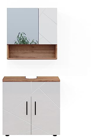 Vicco Badmöbel-Set Irma, Weiß Hochglanz/Goldkraft Eiche, 80 cm | besteht aus Badspiegel und Waschbeckenunterschrank