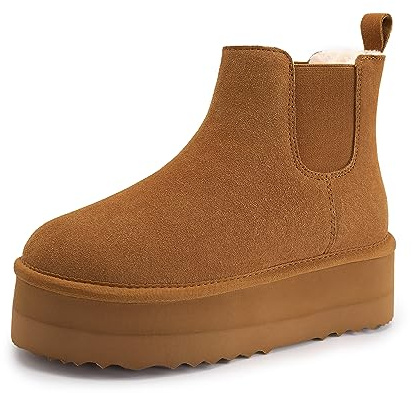 Athlefit Genuine Suede Platform Snow Boots for Women - Slip On Faux Fur Winter Warm Ankle Short Boots - Anti-Slip Memory Foam Insole Comfort Outdoor Snow Boots Shoes, Chestnut, Size 8, AD01433