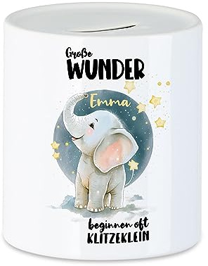 Kiddle-Design Spardose zur Geburt Elefant Geldgeschenk zur Geburt Junge Mädchen Geschenk Personalisiert mit Name Geburtskarte Baby Sparbüchse
