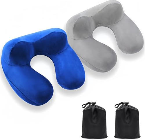 Aufblasbares Reisekissen, 2 Set Reise Nackenstütze, 100% weicher Samt Nackenkissen Aufblasbar, orthopädisches Nackenhörnchen, elastisches Nackenstützkissen für Flugzeuge, Züge, Autos und Büros