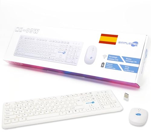 Simpletek - Kit Mouse & Tastiera Wireless 2.4G Layout ES | Spagna Spain Keyboard QWERTY con Tastierino Numerico Mouse Ergonomico 3 Tasti Ricevitore USB