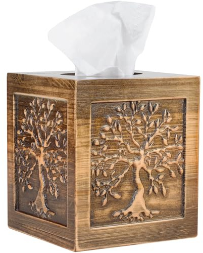 Ukwell Embossed Wood Tissue Box Cover Square Brown Tissue Holder Lacquered Tree of Life Design Rustic Vintage Home Decor for Bathrooom Bedroom Living Room