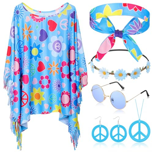 HICARER 6 Stück 70er Jahre Outfit Damen Hippie Kostüm Set inklusive Hippie Poncho Peace Halskette und Ohrringe Stirnband Sonnenbrillen 60er 70er Jahre Flower Power Karneval Kostüm