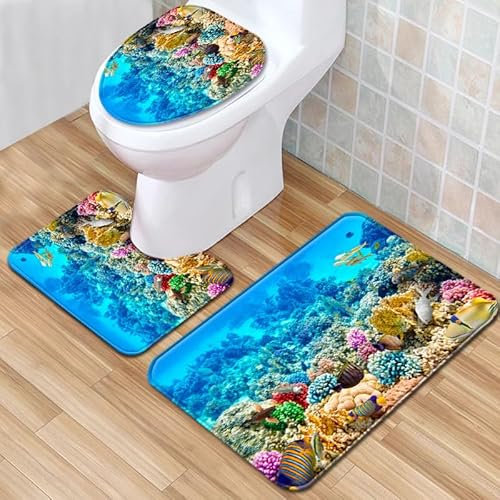 Bad Teppiche Set 3-Teiliges Korallenblau Gelb WC Vorleger Mit Ausschnitt Badematte Saugfähig WC Deckelbezug Badvorleger rutschfest Waschbar Toilettensitzbezug Badgarnitur (50x80cm)