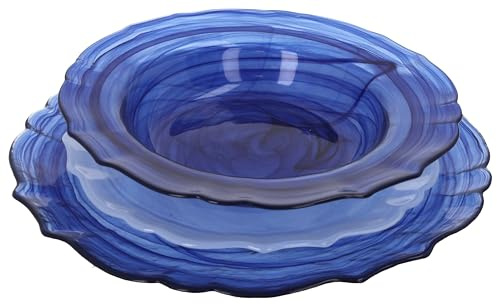 Keyhomestore-Servizio di 18 Piatti in Vetro Blu e Bianco – Finitura Lucida – Piatti Piani, Fondi e da Antipasto – Eleganti per Tavola Moderna e Occasioni Speciali. Idea Regalo