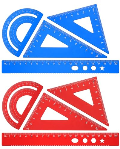 PATIKIL Set di Squadra Triangolare, Righello Metrico da 20cm in Alluminio, Squadra Triangolare 45°60° e Goniometro, 8Pz, Blu/Rosso