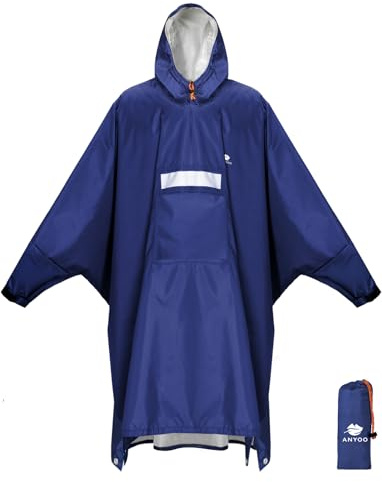 ANYOO Poncho de lluvia impermeable con mangas y bolsillo, ligero y reutilizable. Chaqueta de lluvia con capucha para actividades al aire libre, unisex, talla única, C-azul oscuro., Altoa única