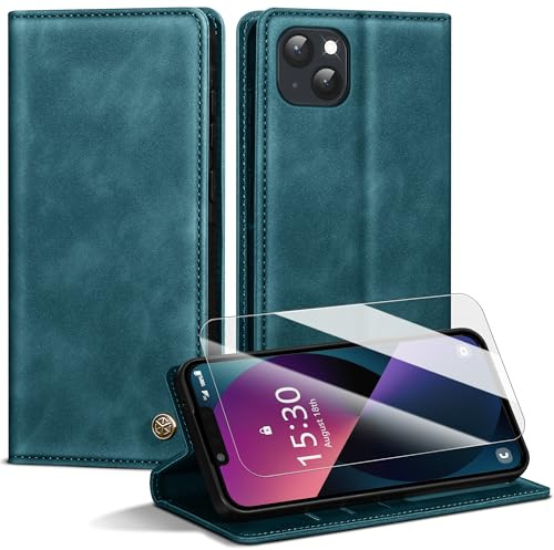 Handyhülle für iPhone 13 Hülle,Premium Lederhülle für iPhone 13 [Mit 1 Stück Panzer Schutz Glas] Magnet Kartenfach Klapphülle Schutzhülle für iPhone 13,BlauGrün