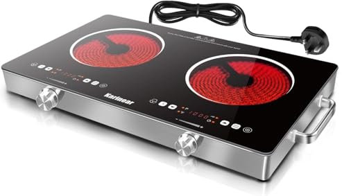 Karinear Double Ceramic Hob 2 Zone, 3200W Plug in Electric Hob with Safety Lock & Knobs & Touch Control, 56cm Coutertop Freestanding Hob with 9 Power Levels, 4 Hour Timer, 220-240V