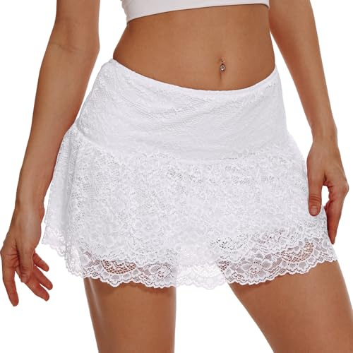 Eisnnu Mini Jupe en Dentelle pour Femmes Y2K Elastic Waist Layered Ruffled A Line Short Skirt for Out Streetwear,Club, Party