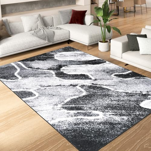 Alishomtll Läufer Flur Teppich rutschfest, Kurzflor TPR Wohnzimmer Küchenläufer Schlafzimmer Läufer Waschbar Schmutzabweisend Modern Flur Teppich Läufer für Küche Innen, Schwarz Grau 120x170 cm