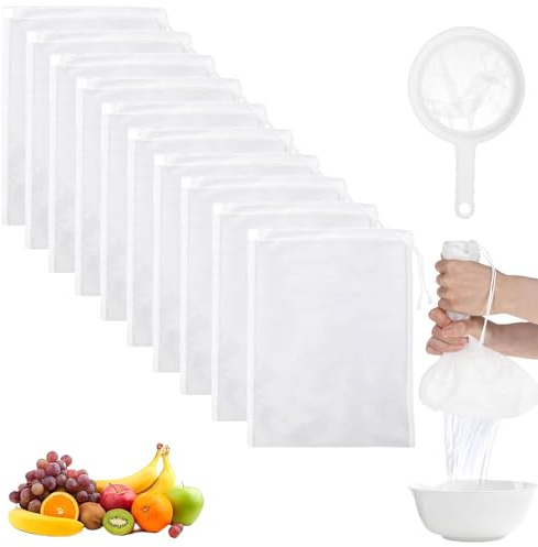 GUOYOU 10 Pack Micron Nylon Straining Bag, 200 MeshFine Mesh Food Strainer, for Straining Reusable with Drawstring and Colander with Handle, for Home Brewing Hops Grains Fruit Grape Wine（20 * 30CM）
