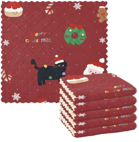 Amooorous Red Merry Christmas Party Microfiber absorbant Towel Tea Towels for Kitchen Terry Cloth Dish Towels Funny Kitchen Hand Towels Soft Tea Towels Style (longword) 11x11in 6 Piecing