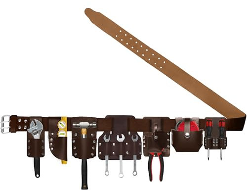 Tooliz Ceinture à outils en cuir multi-poches réglable pour outils et accessoires, porte-outils professionnel pour charpentier, électricien, bricoleur, pochette de rangement polyvalente pour outils de