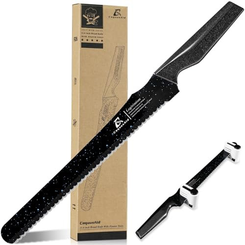 CoquusAid Resharpenable Bread Knife for Homemade Bread, 11.6-Inch Multifunction Serrated Knife with 5 Thickness Adjustable Slicing Guide, Stainless Steel Bread Cutter, Razor Sharp for Sourdough, Black