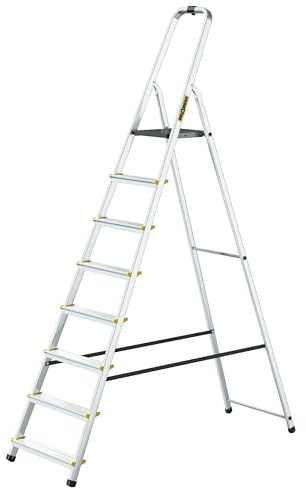 Drabest 8-step aluminum ladder, 150 kg load capacity, foldable, non-slip treads, sturdy frame, compact for storage, equipped with a practical tool hook