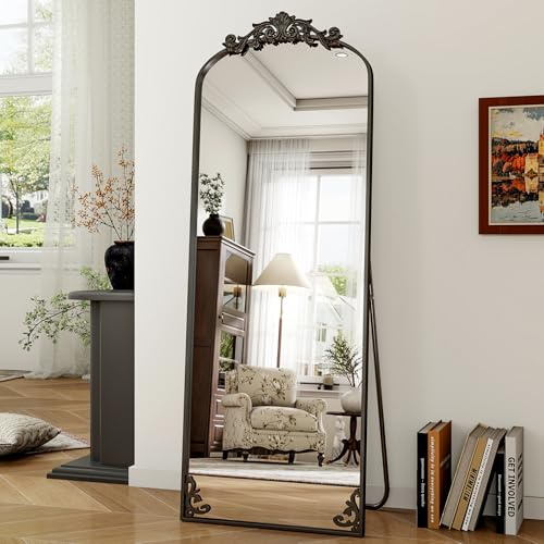 Koonmi Vintage Gewölbter Standspiegel Ganzkörperspiegel, 70x180 cm, Bruchsicher Stehspiegel in voller Länge mit schönen Retro-Gravur Prozess für Schlafzimmer Flur, Schwarz