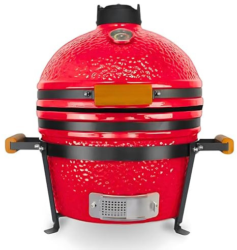 Barbecue Kamado Grill japonais en Céramique - Ø40 cm - Charbon de Bois - Thermomètre Intégré - Poignée en Bois - Couleur Rouge - Idéal Jardin, Terrasse, Camping