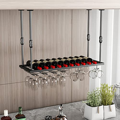 MWAYOYTE Hängendes Weinregal, Schwarz, Metall, Decken-Weinhalter, umgedrehter Weinbecherhalter, Lagerregal, Stielglasregal unter dem Schrank
