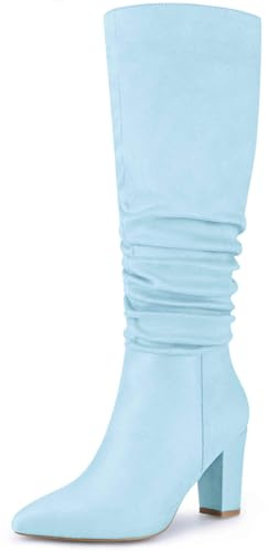 Perphy Wrinkled Pointed Toe Chunky Heel Sky Blue Knee High Boots for Women - 6.5 M US