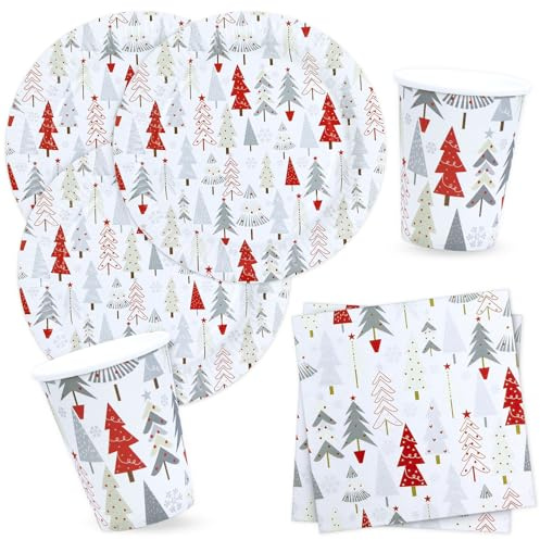 BFB Weihnachten Pappteller Servietten und Pappbecher Set Weihnachtsbaum Weiß für 16 Personen Weihnachtsgeschirr
