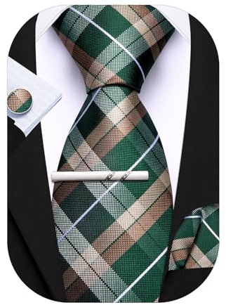 Barry.Wang Tie Sets for Men Plaid Necktie Silk Woven Checkered Handkerchief Cuff Links with Clip Business Green Brown