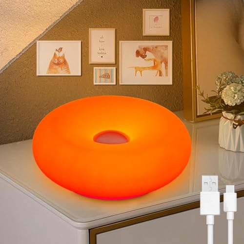 OOWOKS Donut Lampe Orange LED Donut Tischlampe Akku Kabellos Aufladbar mit Touch Dimmbar Tischleuchte 3 Farbtemperatur Retro Nachttischlampe Nachtlichter für Schlafzimmer Wohnzimmer Esszimmer