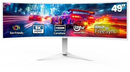 CRUA 49 White Curved Monitor | DQHD(5120 * 1440), 120Hz, 1500R, 32:9, AMD FreeSync, 120% sRGB, Height Adjustable Ultra-Wide Screen Computer Monitors, HDMI 2.1 & DP 1.4, Wall Mount Install