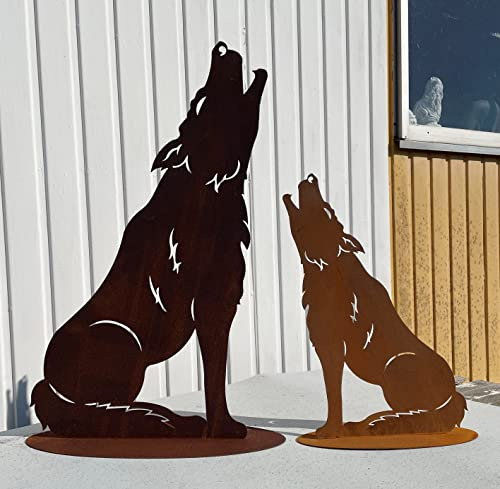 Gartenfigur Wolf heulend groß 75x48cm auf Platte Edelrost Gartendeko Wetterfest Rost Metall Rostfigur Hund Fuchs Jagd Tier von Steinfigurenwelt