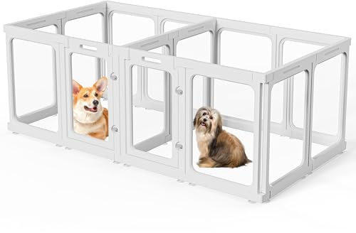 SISKEYCOOC 60cm/75cm Klarer Acrylplastik Welpenlaufstall, Transparenter Hundelaufstall mit Tür, Leicht reinigen, Welpenauslauf für Wohnung (Weiß, 60cm Höhe, 12+2 (14 Stück))