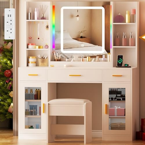 ANWBROAD Dressing Table, Vanity Desk with Mirror and LED Lights 3 Colors Large Vanity Table Set with Power Outlet 3 Drawers 9 Open Storage Areas Modern White Makeup Desk for Women Girl Bedroom YBDT93W