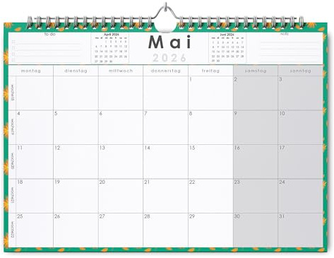Huurdies® Wandkalender – 22 Monate im Voraus – Mit Wochennummern und deutschen Feiertagen – Spiralbindung – Platz für Notizen – Hochwertiges Papier (Jahreszeiten, A4+)