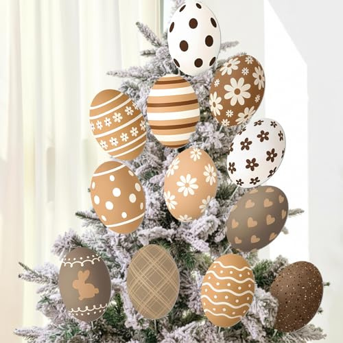 Thyle 8 Large Easter Eggs Decoration Tree Picks 12 Pcs Extra Large Neutral Beige White Plastic Easter Eggs Trees Ornament Bulk for Easters Tree Topper Floral Vase Picks Home Office Spring Yard Decor