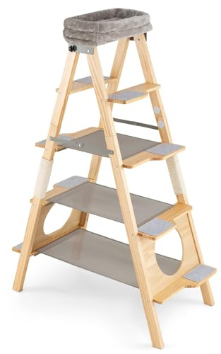 GOPLPUS Árbol Rascador Plegable de 5 Niveles, Árbol para Gatos de Madera Maciza de Pino con Plataforma Superior Acolchonada y Poste Rascador de Sisal, Escalera, Centro de Actividades para Interior